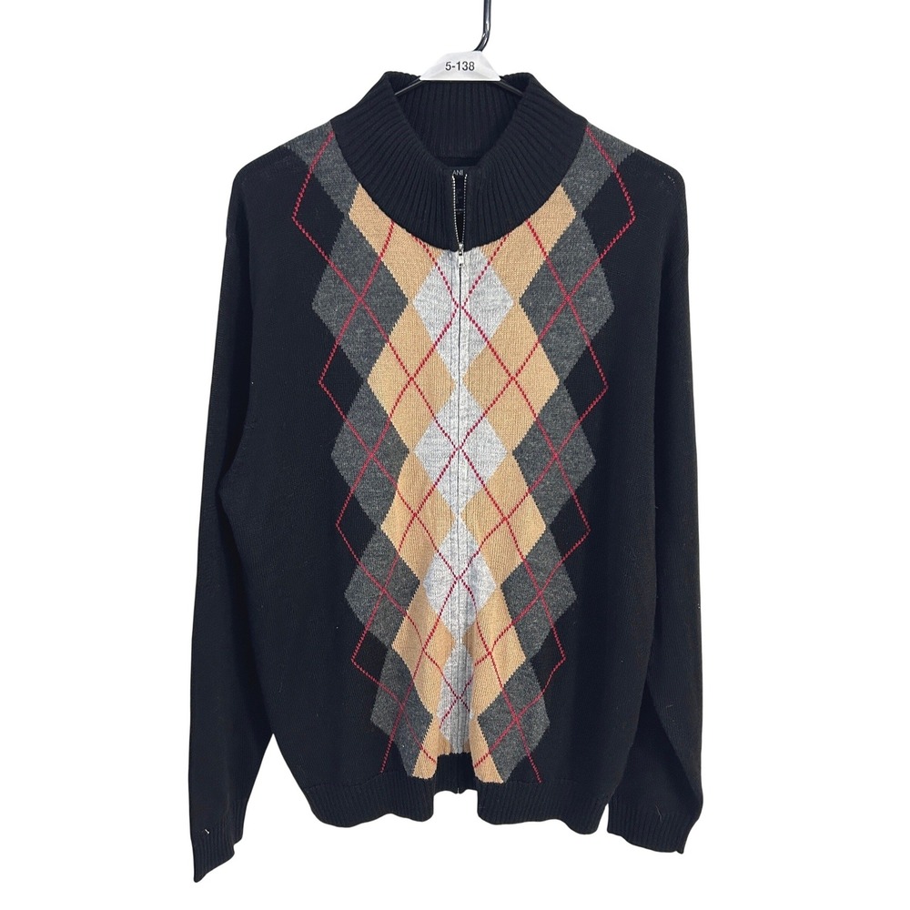 Argyle Quarter Zip Sweater L Wool Blend Made UK Golf Preppy Cezani Mock Neck